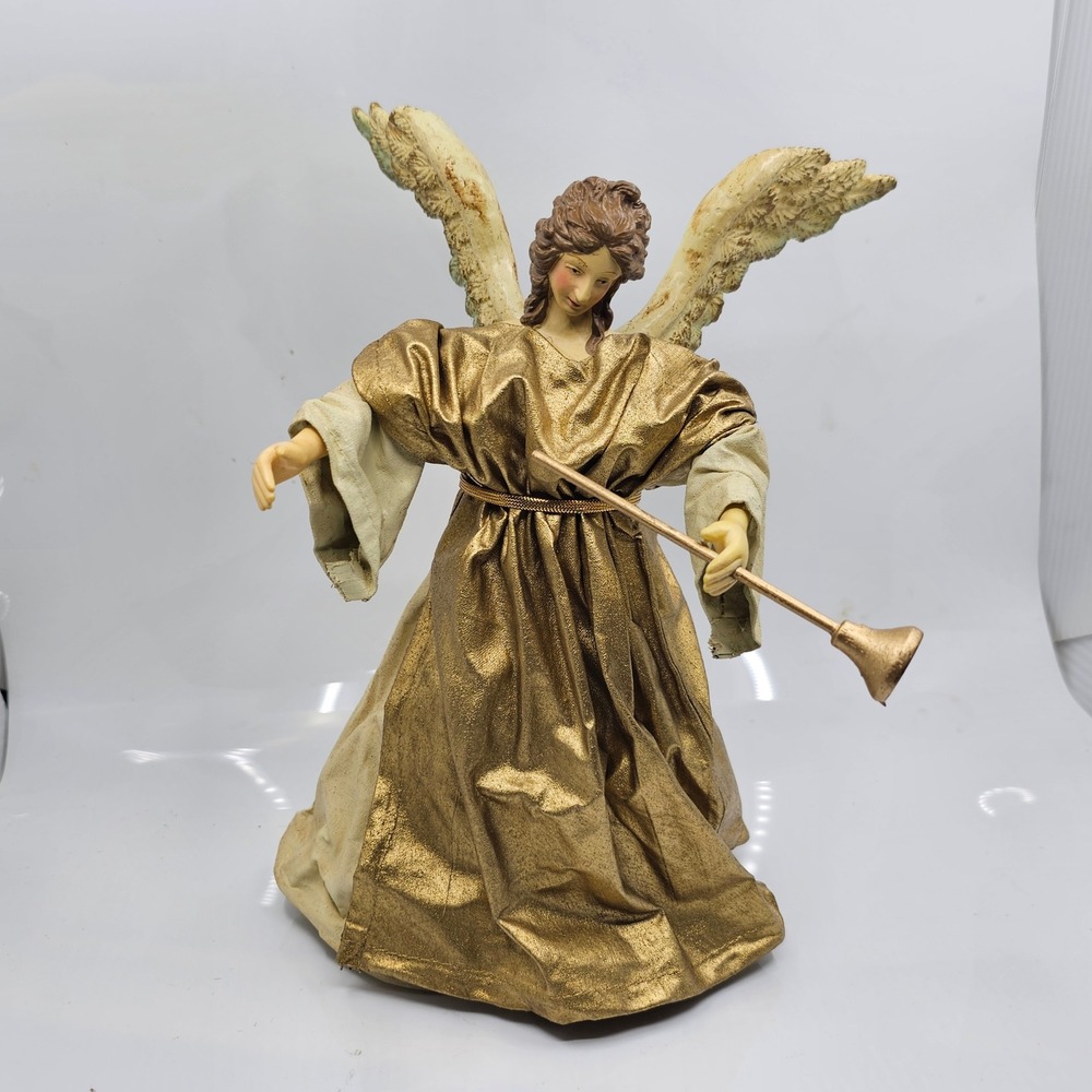 Vintage Angel Tree Topper Figurine Blue Cream Gold Wings Lute Floral Crown 10in